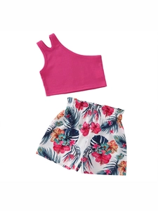 Girls summer two-piece outfit with rose red ribbed tank top and floral hibiscus shorts