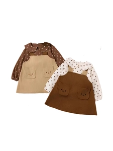 Mädchen Langarm Polka Dot Shirt und Cord-Trägerkleid mit Bären-Taschen im Set
