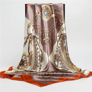 Elegant 90cm satin square scarf featuring vintage chain prints and mocha brown accents