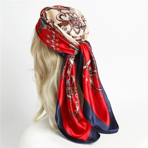 Retro Chain Print Satin Scarf Large Square Headwrap For Women Elegant Color Block Satin Feel Neckerchief Shawl Fashion