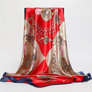 Elegant 90cm silk-like satin square scarf with vintage chain patterns and jewel motifs