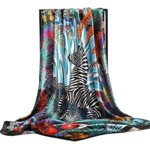 Fashionable jungle animal print silk scarf with tropical zebra and palm leaf pattern
