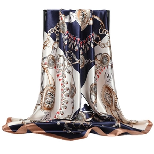Elegant 90cm satin square scarf with vintage chain patterns and geometric color blocking