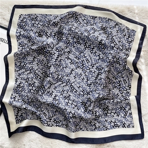 Elegant 70cm square silk scarf with blue and white H-pattern geometric design