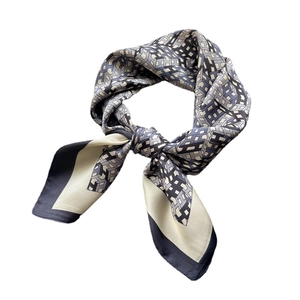 Elegant silk-like square scarf featuring H-letter patterns in navy blue, grey and cream