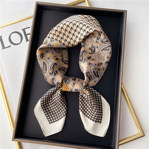 Chic 70cm silk-like square scarf featuring paisley and houndstooth print patterns