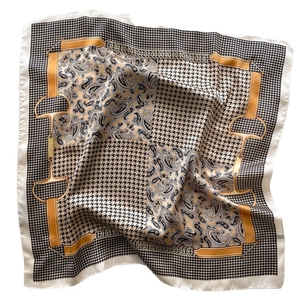 Retro square silk scarf featuring houndstooth and paisley prints with gold horsebit motifs