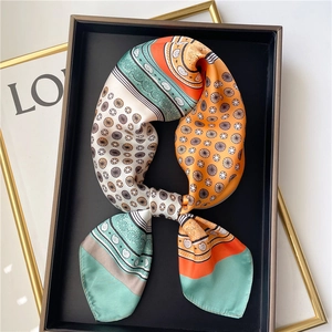 Elegant 70cm silk scarf with paisley and dot patterns in vintage orange and green colors