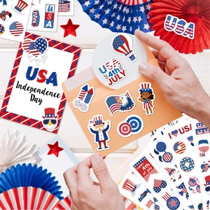 Waterproof USA Independence Day stickers set with flags and fireworks on white wood