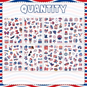 Set of 8 waterproof 4th of July stickers with American flags and festive patriotic designs