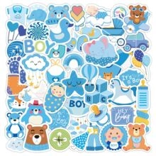 Blue baby boy milestone stickers with cute cartoon bear, elephant and duck patterns
