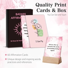 Detail of 60 pregnancy affirmation cards with pink art design and wooden stand