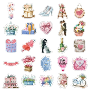 50-piece set of watercolor wedding stickers featuring romantic bridal cakes and floral designs