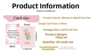 Specifiche dettagliate di 60 carte di affermazione femminile con dimensioni 6x9cm e peso