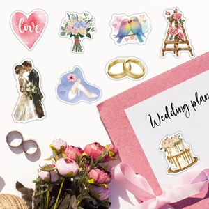 50pcs watercolor wedding stickers featuring cakes, rings and flowers for party decor