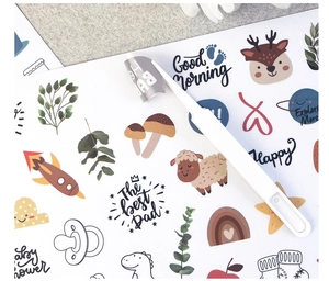 Detail of waterproof baby milestone stickers with animals and cute greeting illustrations