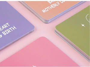 Detail of bohemian pregnancy affirmation cards with rounded corners and matte finish