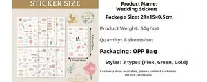 Détail du pack de 8 stickers de mariage avec motifs cœurs et cygnes, format 20x14cm