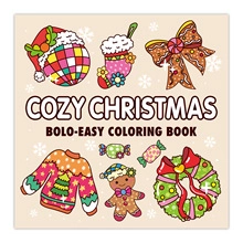 Close-up of Cozy Christmas coloring book cover with bold festive holiday illustrations