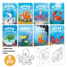 Close-up of ocean coloring books set for kids showing eight covers and digital learning pages