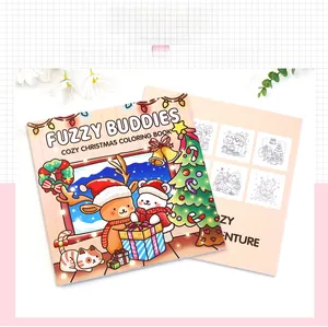 Detail of Christmas coloring book featuring cute cartoon animals and festive holiday illustrations