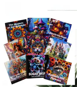 Detailed overhead view of nine mandala and nature themed coloring books for adults