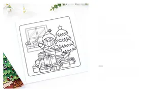 Detail of Christmas coloring book page with bold Santa and tree line art for kids