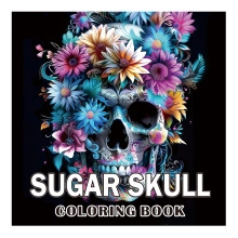 Detail of Sugar Skull coloring book cover with vibrant floral skull design on black background