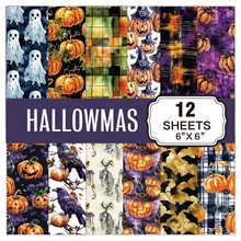 Detailed view of 12 sheets 6x6 inch Halloween scrapbook paper with pumpkins and ghosts