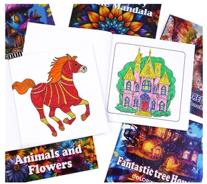 Detailed inner pages of coloring book showing animal and fantasy house line art
