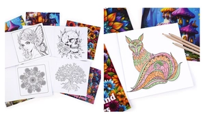 Close-up of coloring book showing intricate animal line art and colored pencil detail