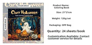 Detailed size chart for 21x21cm Halloween coloring book with 24 spookily cute sheets