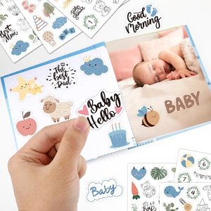 Baby growth milestone stickers set with cute animal designs for blue scrapbook