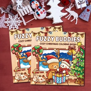 Fuzzy Buddies Christmas coloring book with cute cartoon reindeer and bear cover