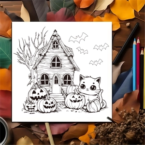 24 spooky cute Halloween coloring book with ghosts, pumpkins, and black cat illustrations