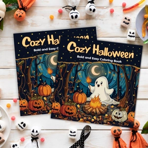 Cozy Halloween Bold and Easy coloring book for adults and kids with spooky ghost cover