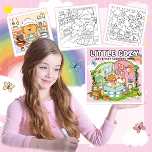 Little Cozy coloring book for kids featuring 40 cute cartoon indoor scene illustrations