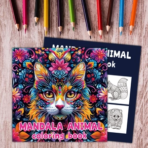 Mandala animal coloring book with vibrant cat cover and intricate interior line art pages