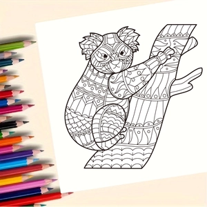 Mandala koala coloring book page with intricate patterns and colored pencils for adults