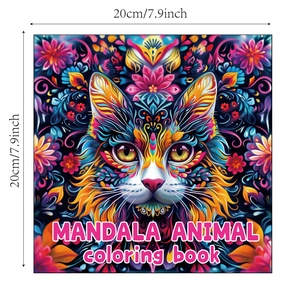 Mandala animal coloring book for adults with intricate cat cover design, 20x20cm size