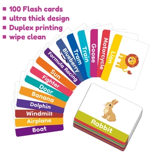 Set de 100 tarjetas educativas gruesas de doble cara para niños con animales y transportes