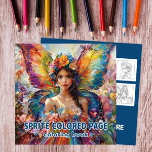 Sprite colored page butterfly fairy coloring book with pencils on wooden background