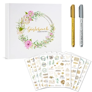 Livre D'or De Mariage Set Couverture Rigide Couronne Florale Registre Message Avec Stylos Métalliques Autocollants Souvenir Élégant