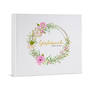 Livre d'or de mariage allemand avec couronne de fleurs et texte Gästebuch élégant