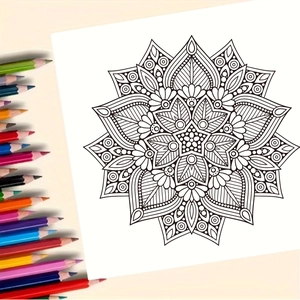 Mandala coloring book pages for adults with floral patterns and colored pencils on background