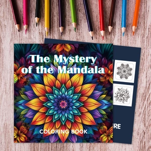 The Mystery of the Mandala coloring book with vibrant cover art and colored pencils