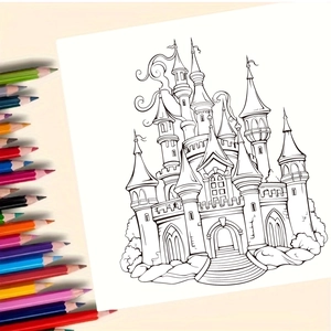 Castle coloring book for adults and children with fantasy towers and coloring pencils