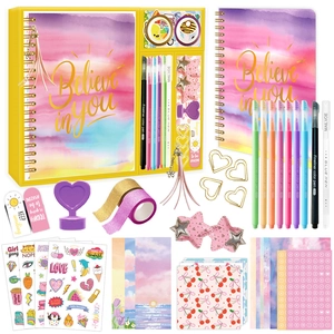DIY Journal Set für Mädchen Scrapbooking Set mit A5 Spiralnotizbuch Farbigen Stiften Glitzerklebebändern Aufklebern Schreibwaren Geschenkset