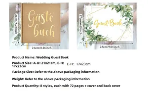 Detailed comparison of gold-stamped linen guest books in 21x21cm and 23x17cm sizes