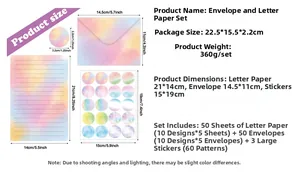 Detailed size specifications for rainbow gradient stationery set with 160 pieces